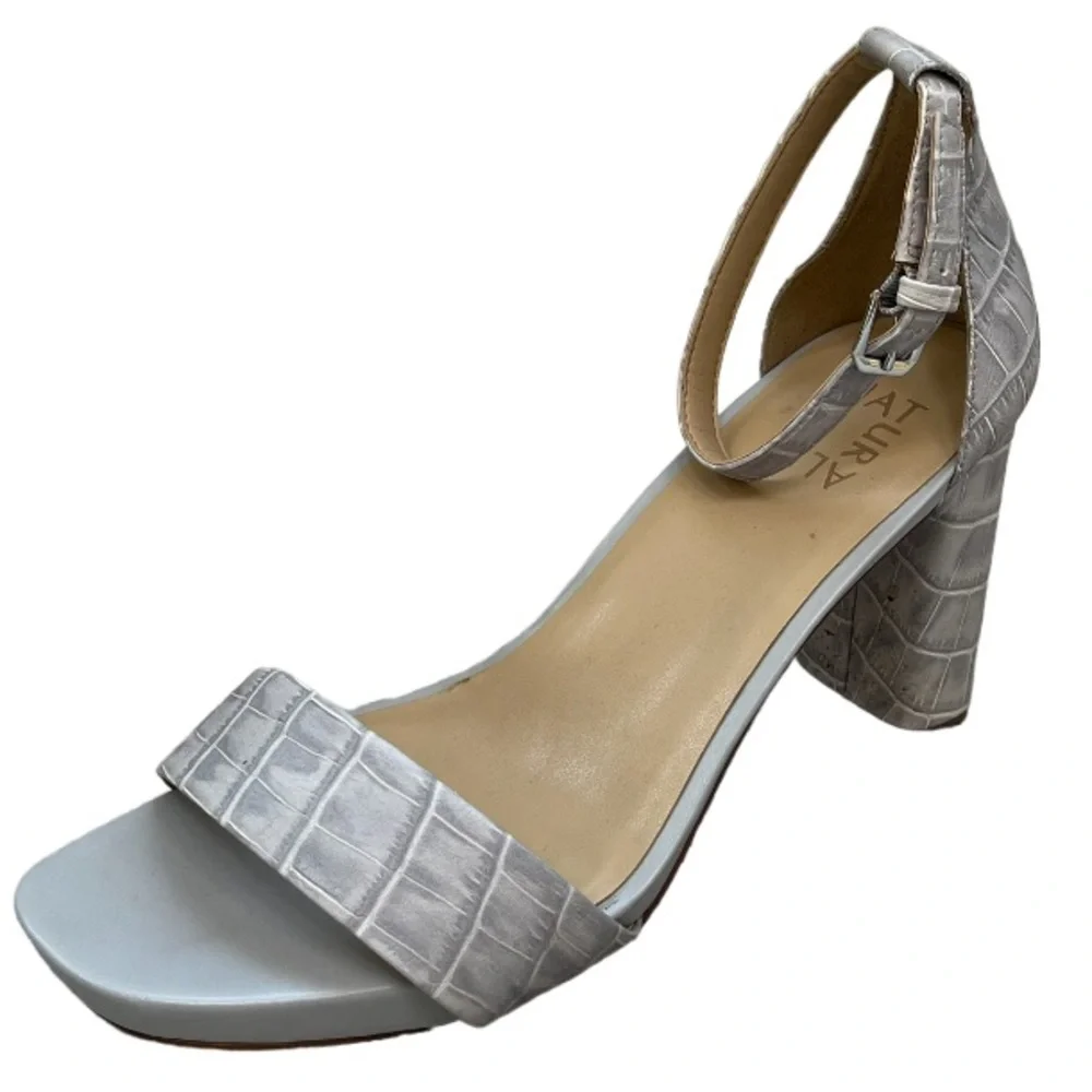 Naturalizer Joy Icy Gray Croc Embossed Leather Ankle Strap Block Heels Size 9.5W